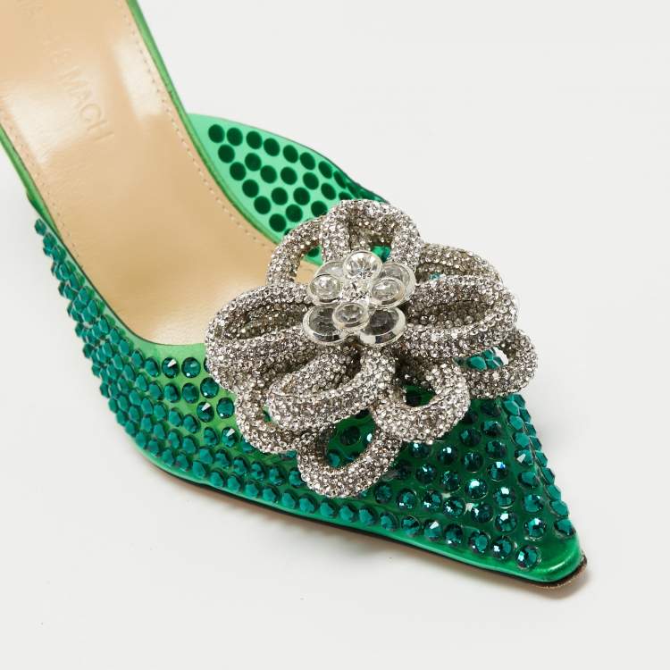 Pre Owned Mach & Mach Green PVC and Satin Crystal Flower Pointed Toe Carrie Mules Size 37.5
