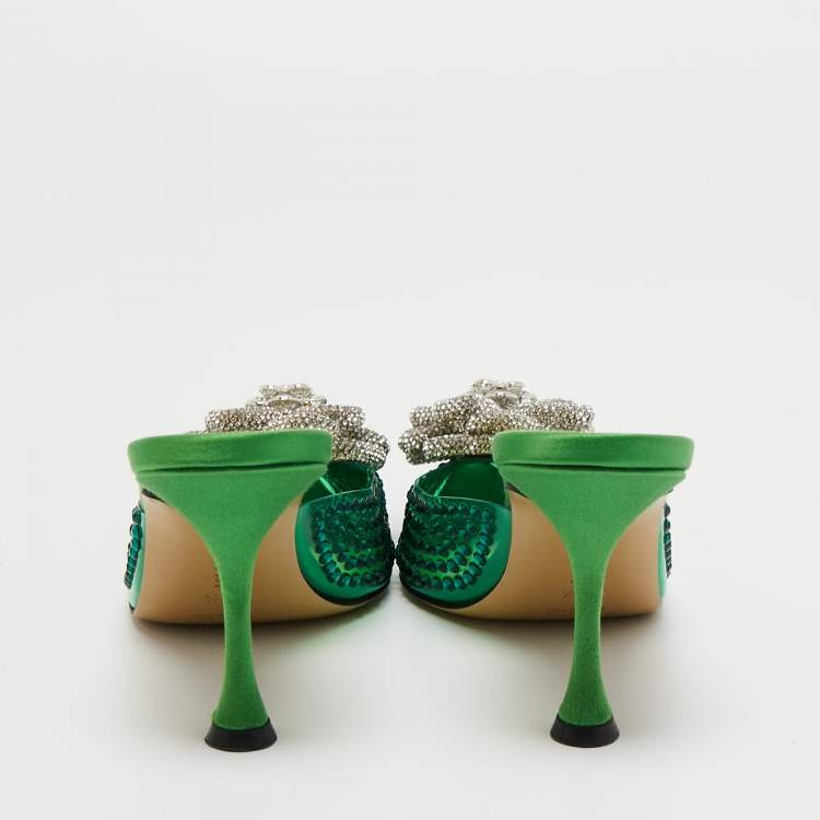 Pre Owned Mach & Mach Green PVC and Satin Crystal Flower Pointed Toe Carrie Mules Size 37.5
