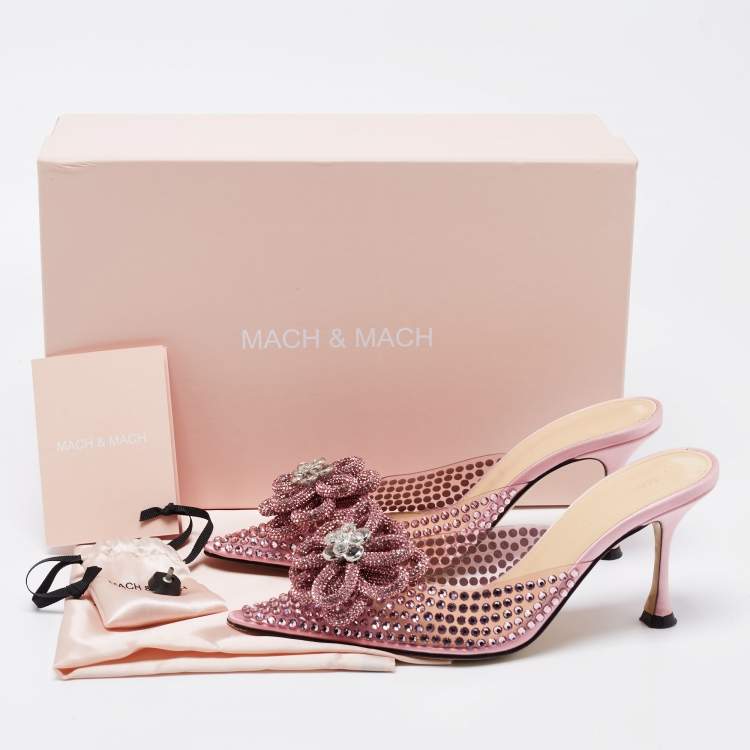 Pre Owned Mach & Mach Pink PVC and Satin Crystal Flower Pointed Toe Carrie Mules Size 37.5