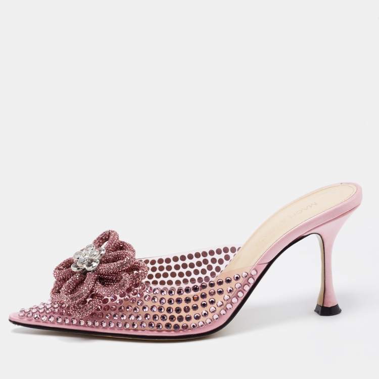 Pre Owned Mach & Mach Pink PVC and Satin Crystal Flower Pointed Toe Carrie Mules Size 37.5