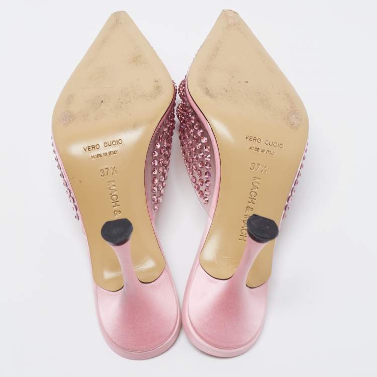 Pre Owned Mach & Mach Pink PVC and Satin Crystal Flower Pointed Toe Carrie Mules Size 37.5