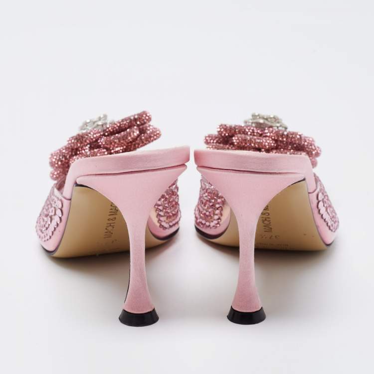 Pre Owned Mach & Mach Pink PVC and Satin Crystal Flower Pointed Toe Carrie Mules Size 37.5