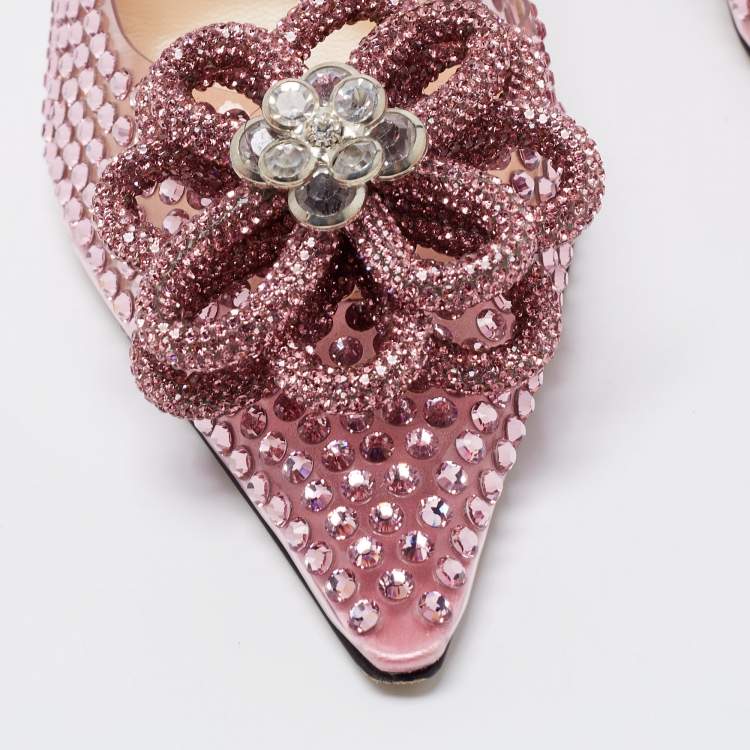 Pre Owned Mach & Mach Pink PVC and Satin Crystal Flower Pointed Toe Carrie Mules Size 37.5