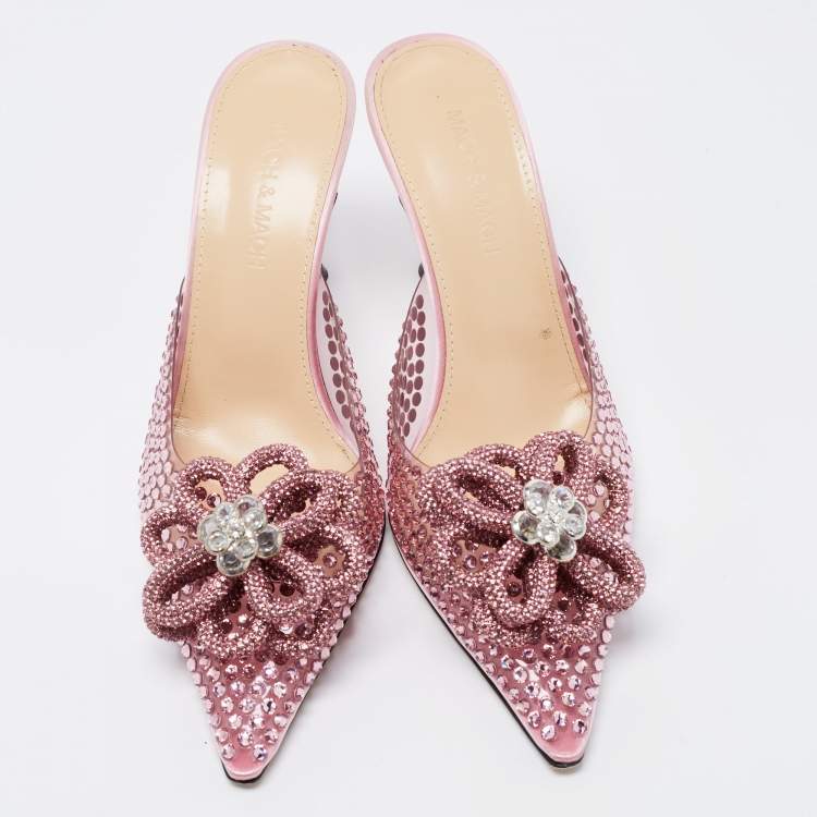 Pre Owned Mach & Mach Pink PVC and Satin Crystal Flower Pointed Toe Carrie Mules Size 37.5