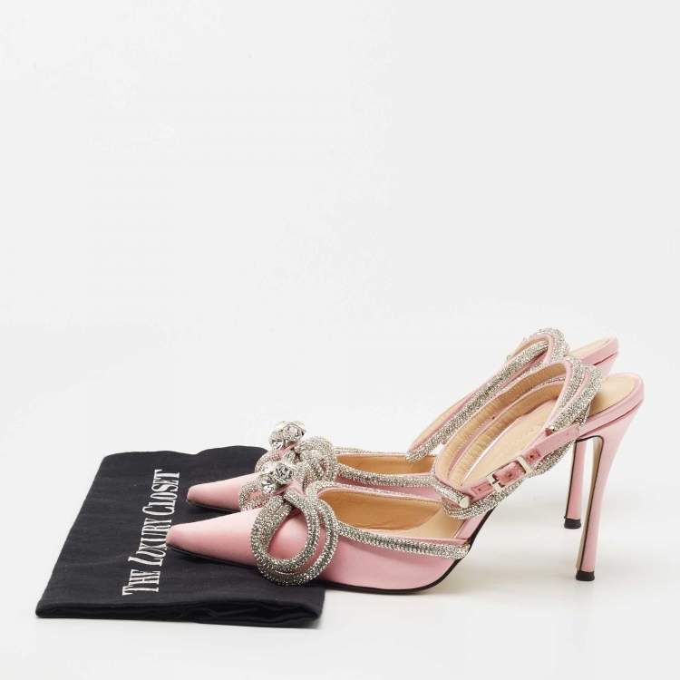 Pre Owned Mach & Mach Pink Satin Double Bow Crystal Embellished Pumps Size 38