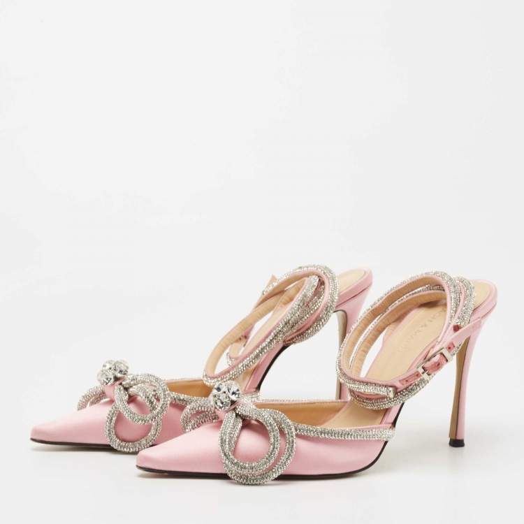 Pre Owned Mach & Mach Pink Satin Double Bow Crystal Embellished Pumps Size 38