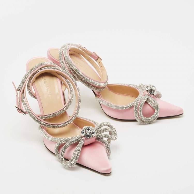 Pre Owned Mach & Mach Pink Satin Double Bow Crystal Embellished Pumps Size 38