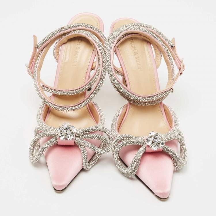 Pre Owned Mach & Mach Pink Satin Double Bow Crystal Embellished Pumps Size 38