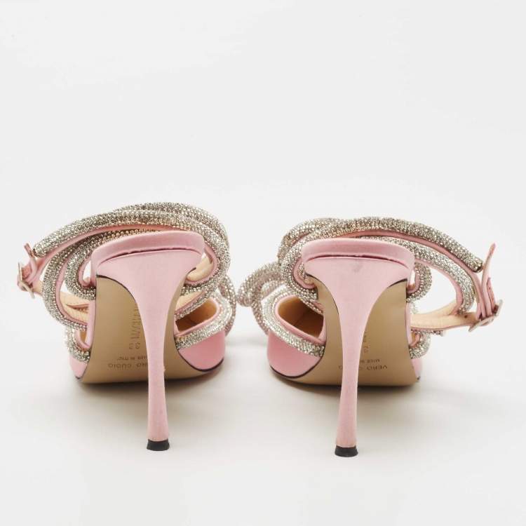 Pre Owned Mach & Mach Pink Satin Double Bow Crystal Embellished Pumps Size 38