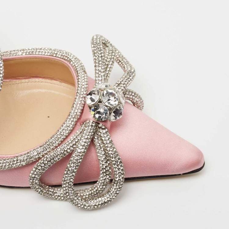 Pre Owned Mach & Mach Pink Satin Double Bow Crystal Embellished Pumps Size 38