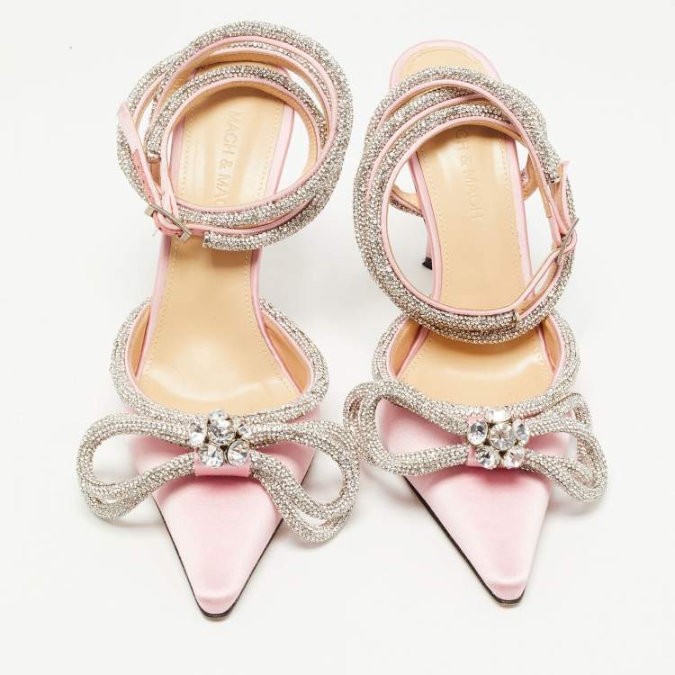 Pre Owned Mach & Mach Pink Satin Crystal Embellished Ankle Strap Sandals Size 37