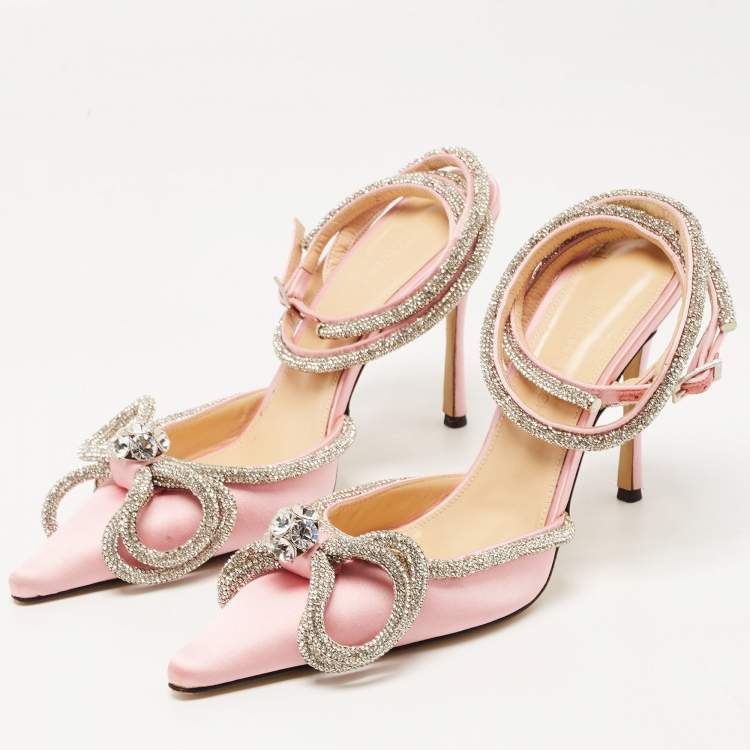 Pre Owned Mach & Mach Pink Satin Double Bow Crystal Embellished Pumps Size 39