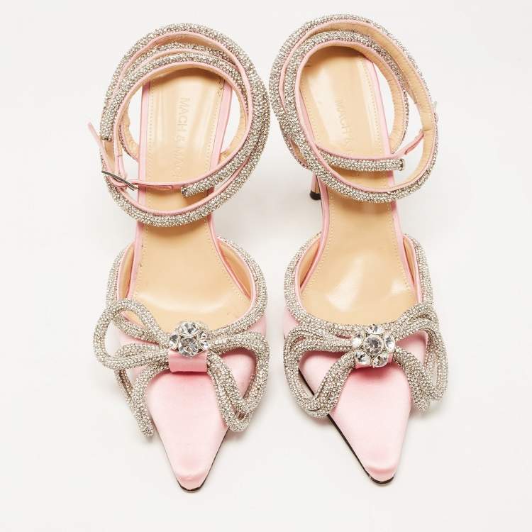 Pre Owned Mach & Mach Pink Satin Double Bow Crystal Embellished Pumps Size 39