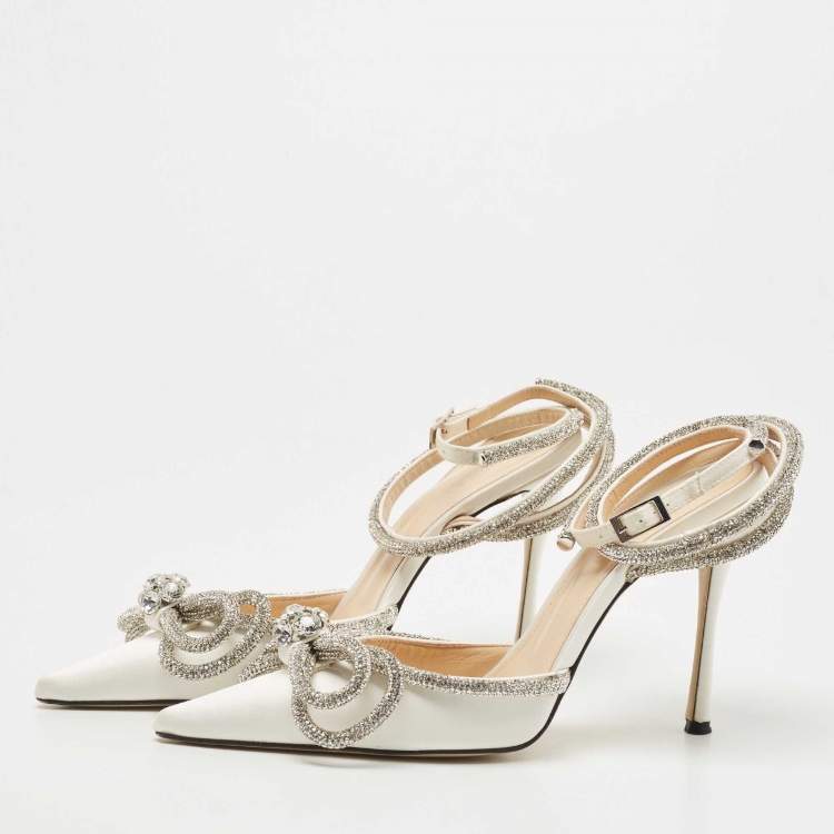 Pre Owned Mach & Mach White Satin Crystal Embellished Double Bow Ankle Wrap Sandals Size 37.5