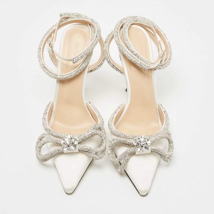 Pre Owned Mach & Mach White Satin Crystal Embellished Double Bow Ankle Wrap Sandals Size 37.5