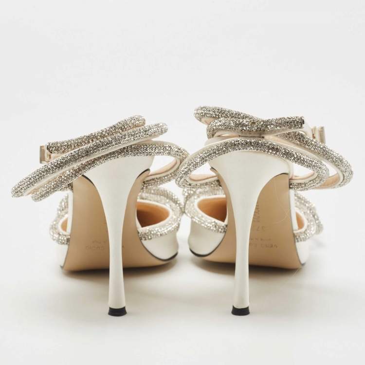 Pre Owned Mach & Mach White Satin Crystal Embellished Double Bow Ankle Wrap Sandals Size 37.5