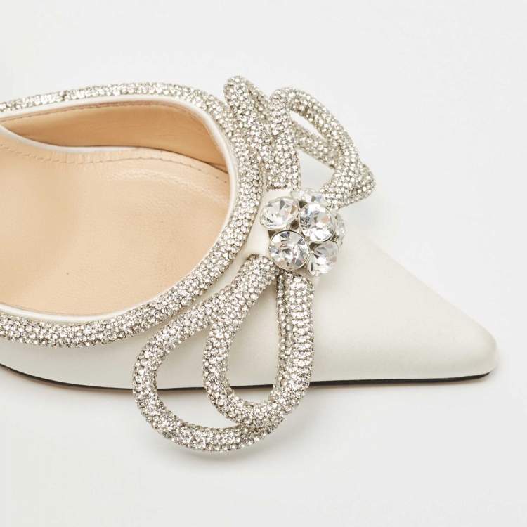 Pre Owned Mach & Mach White Satin Crystal Embellished Double Bow Ankle Wrap Sandals Size 37.5