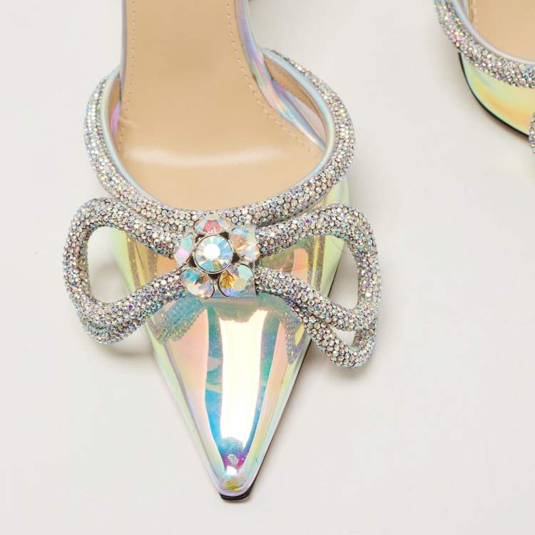 Pre Owned Mach & Mach Multicolor PVC Crystal Embellished Double Bow Slide Mules Size 37