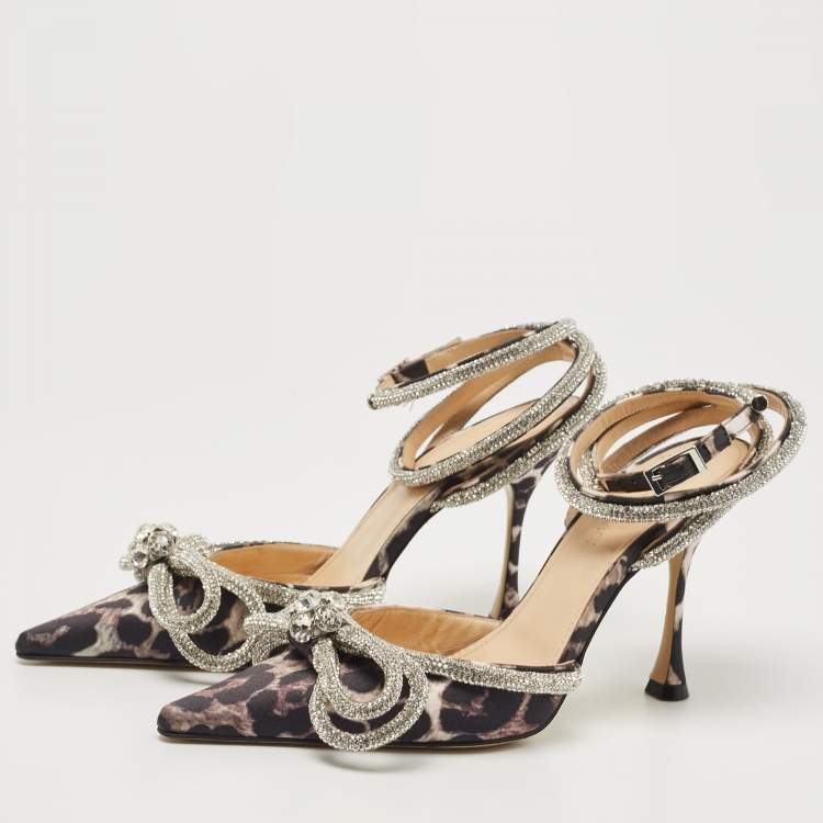 Pre Owned Mach & Mach Black/Brown Fabric Double Crystal Bow Pumps Size 37