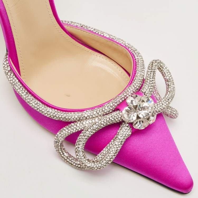 Pre Owned Mach & Mach Magenta Satin Double Bow Crystal Embellished Ankle Wrap Pumps Size 37