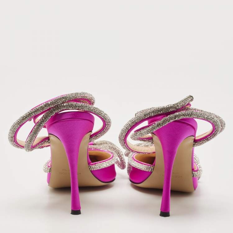 Pre Owned Mach & Mach Magenta Satin Double Bow Crystal Embellished Ankle Wrap Pumps Size 37