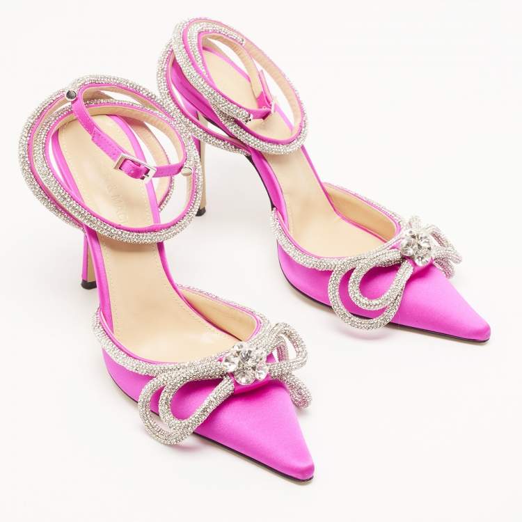 Pre Owned Mach & Mach Magenta Satin Double Bow Crystal Embellished Ankle Wrap Pumps Size 37