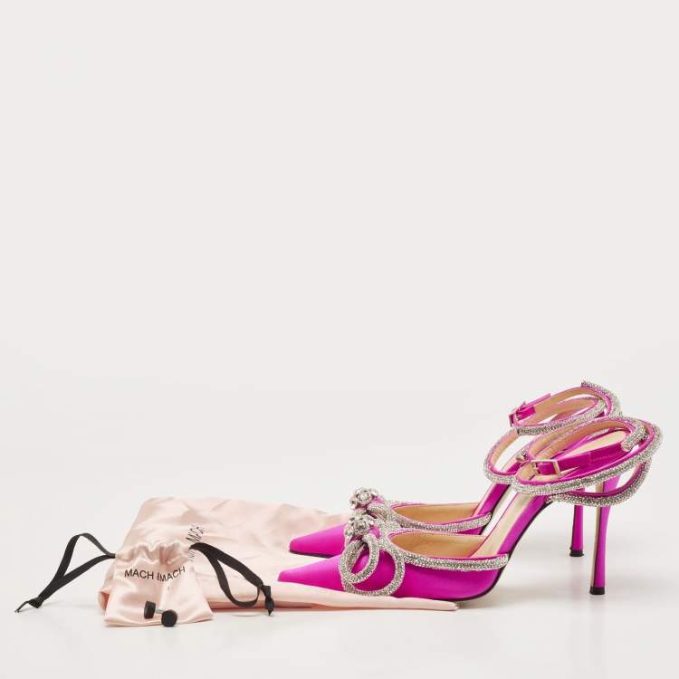 Pre Owned Mach & Mach Magenta Satin Double Bow Crystal Embellished Ankle Wrap Pumps Size 37