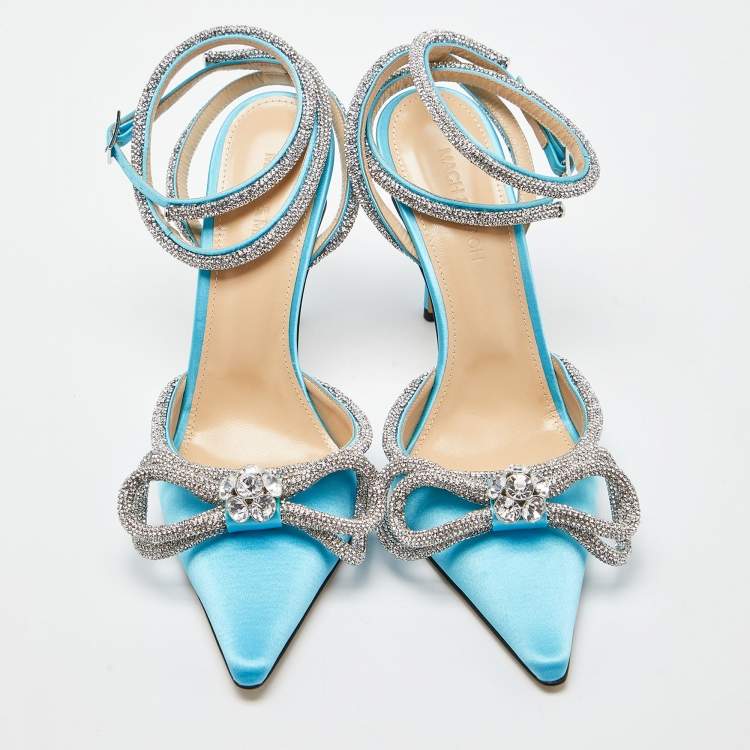Pre Owned Mach & Mach Blue Satin Crystal Bow Ankle Wrap Pumps Size 38.5