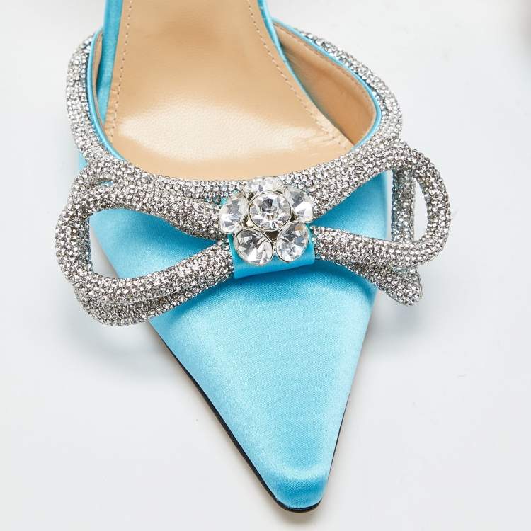 Pre Owned Mach & Mach Blue Satin Crystal Bow Ankle Wrap Pumps Size 38.5