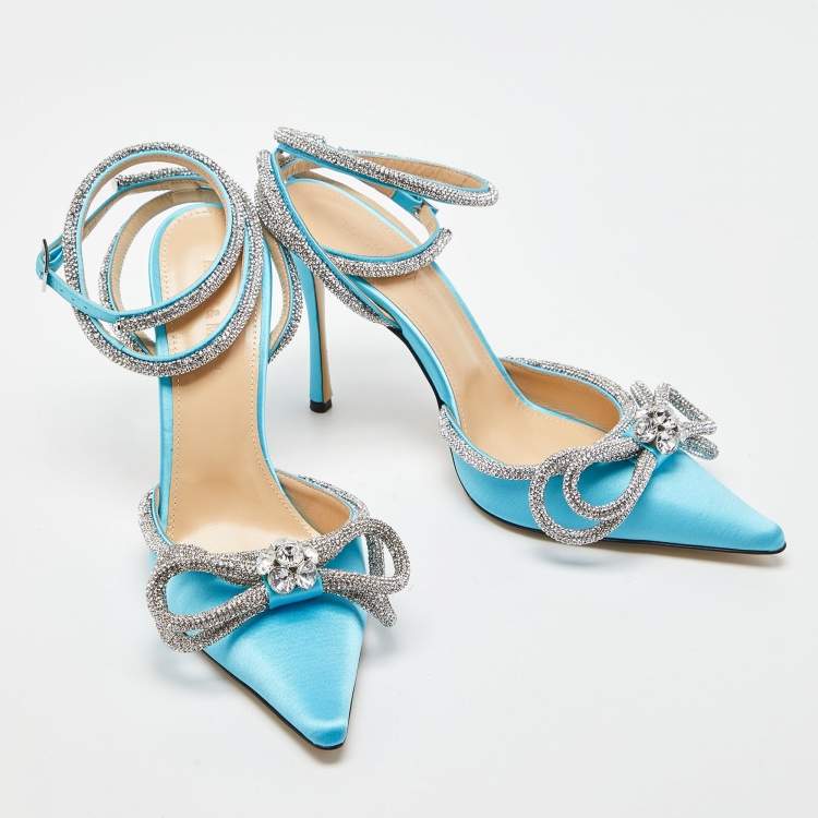 Pre Owned Mach & Mach Blue Satin Crystal Bow Ankle Wrap Pumps Size 38.5