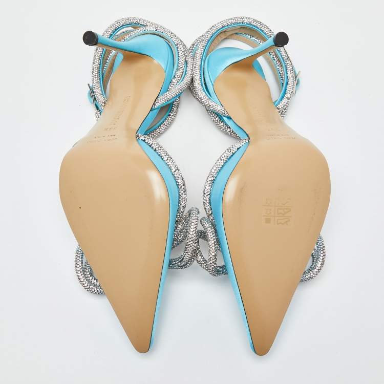 Pre Owned Mach & Mach Blue Satin Crystal Bow Ankle Wrap Pumps Size 38.5