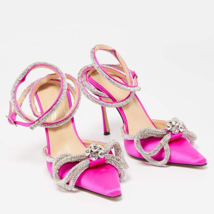 Pre Owned Mach & Mach Pink Satin Double Bow Crystal Embellished Ankle Tie Pumps Size 38
