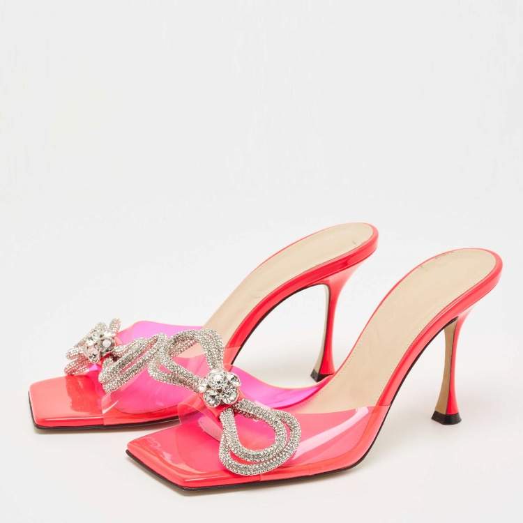 Pre Owned Mach & Mach Pink PVC Crystal Embellished Bow Slide Sandals Size 40