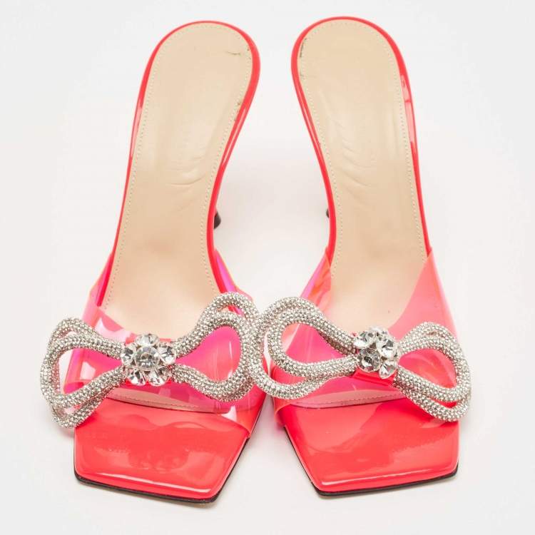 Pre Owned Mach & Mach Pink PVC Crystal Embellished Bow Slide Sandals Size 40