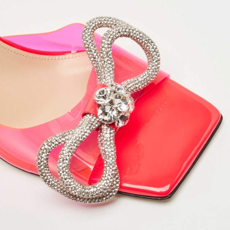 Pre Owned Mach & Mach Pink PVC Crystal Embellished Bow Slide Sandals Size 40