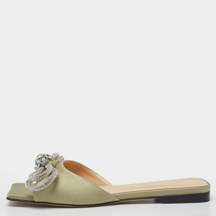 Pre Owned Mach & Mach Mint Green Satin Crystal Embellished Double Bow Flat Slides Size 38