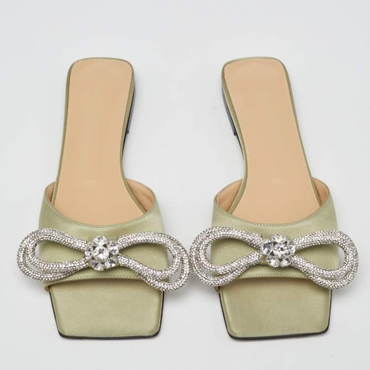 Pre Owned Mach & Mach Mint Green Satin Crystal Embellished Double Bow Flat Slides Size 38