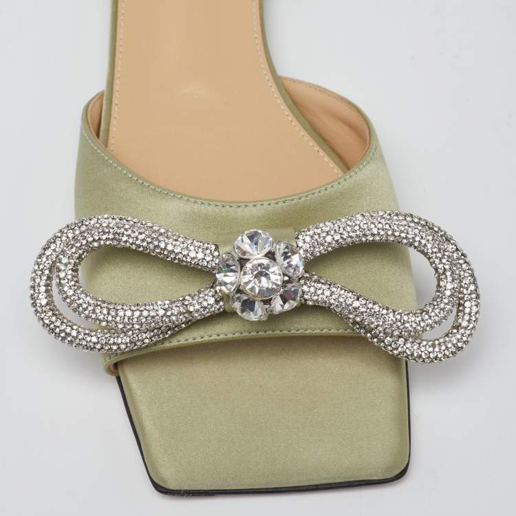 Pre Owned Mach & Mach Mint Green Satin Crystal Embellished Double Bow Flat Slides Size 38