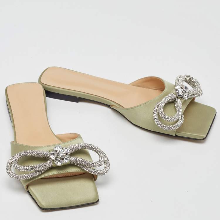 Pre Owned Mach & Mach Mint Green Satin Crystal Embellished Double Bow Flat Slides Size 38