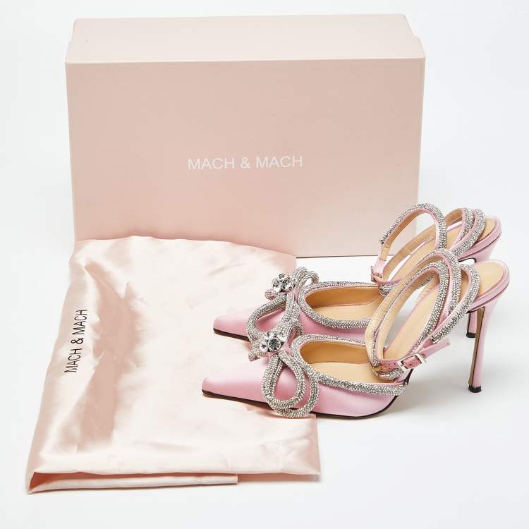 Pre Owned Mach & Mach Pink Satin Crystal Embellished Double Bow Ankle Wrap Pumps Size 38