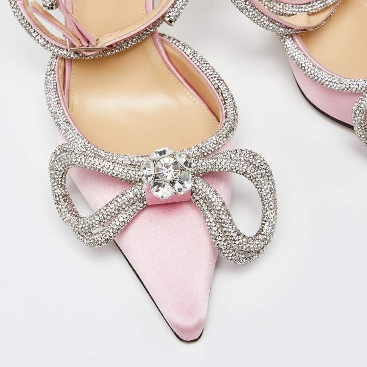Pre Owned Mach & Mach Pink Satin Crystal Embellished Double Bow Ankle Wrap Pumps Size 38