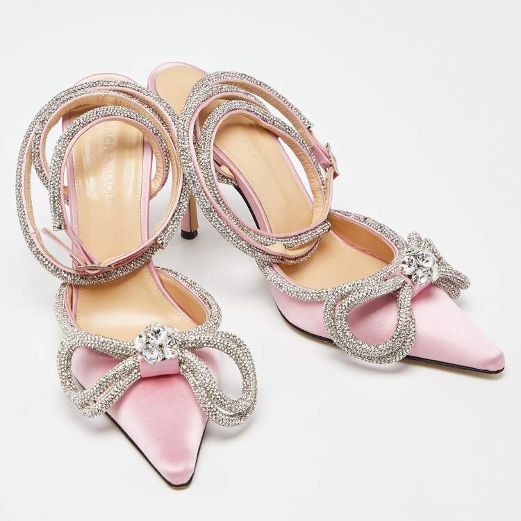 Pre Owned Mach & Mach Pink Satin Crystal Embellished Double Bow Ankle Wrap Pumps Size 38
