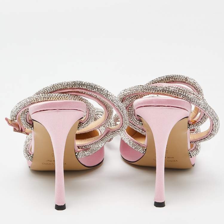 Pre Owned Mach & Mach Pink Satin Crystal Embellished Double Bow Ankle Wrap Pumps Size 38