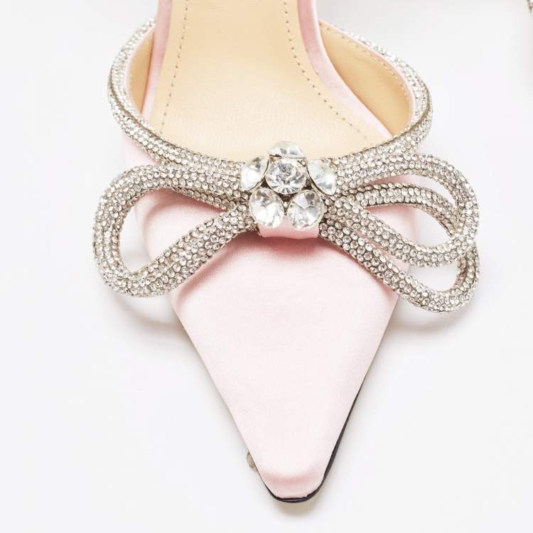 Pre Owned Mach & Mach Pink Satin Crystal Embellished Double Bow Ankle Wrap Pumps Size 36