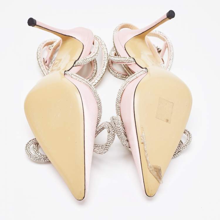 Pre Owned Mach & Mach Pink Satin Crystal Embellished Double Bow Ankle Wrap Pumps Size 36