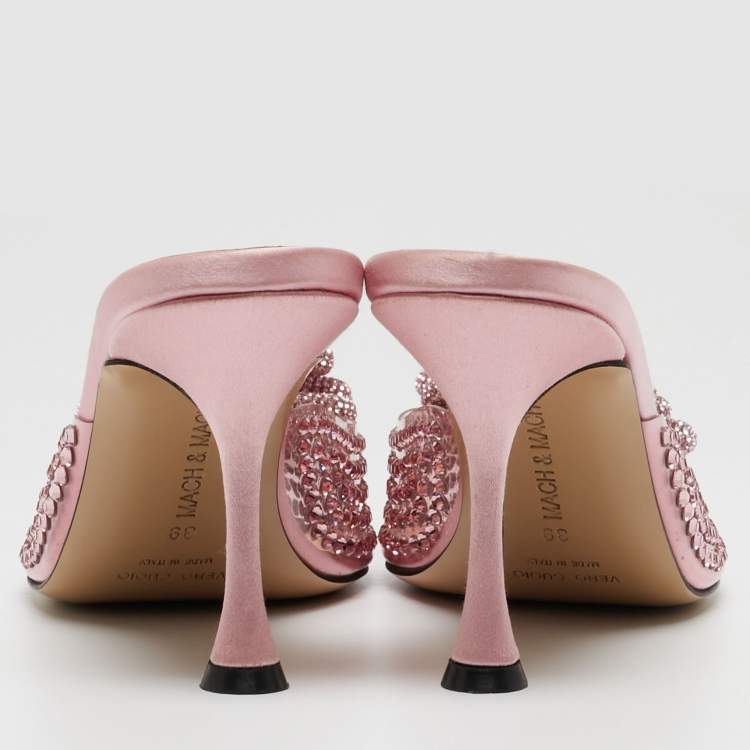 Pre Owned Mach & Mach Pink PVC Crystal Embellished Flower Mules Size 39