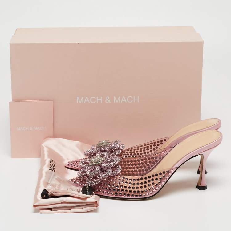 Pre Owned Mach & Mach Pink PVC Crystal Embellished Flower Mules Size 39