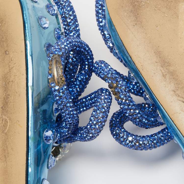 Pre Owned Mach & Mach Blue Studded PVC Crystal Embellished Double Bow Mules Size 39