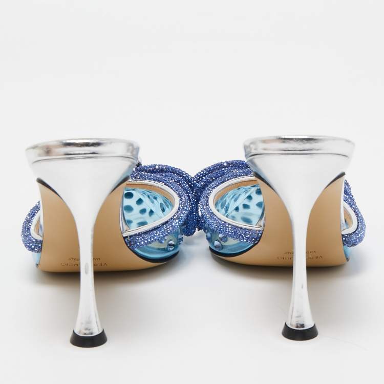 Pre Owned Mach & Mach Blue Studded PVC Crystal Embellished Double Bow Mules Size 39