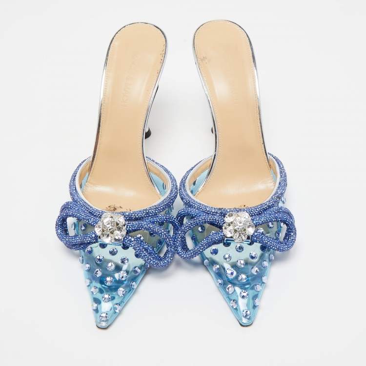 Pre Owned Mach & Mach Blue Studded PVC Crystal Embellished Double Bow Mules Size 39